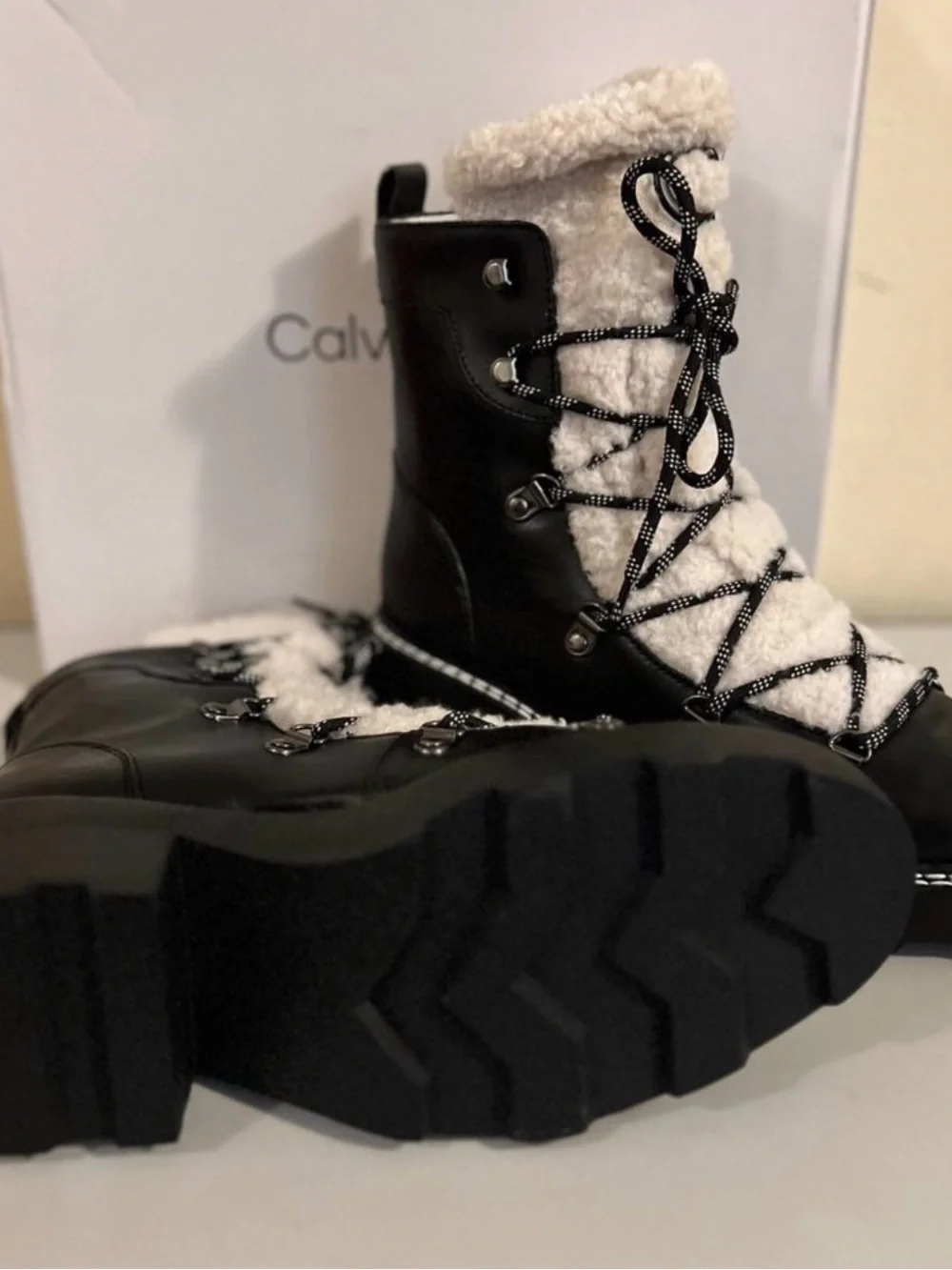 Calvin Klein Black Leather and White Sherpa Lace-Up Winter Boots